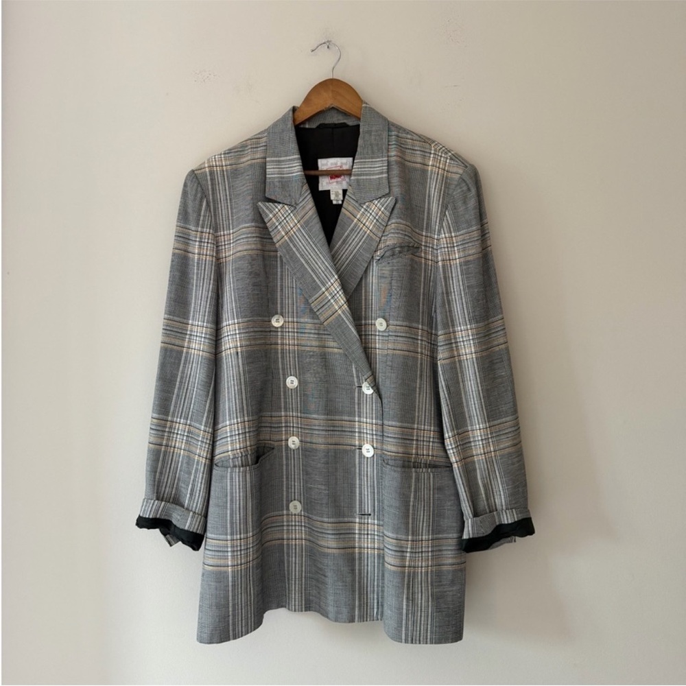 Mondi Vintage Gray Plaid Double-Breasted Blazer Size Large Flax Linen Blend
